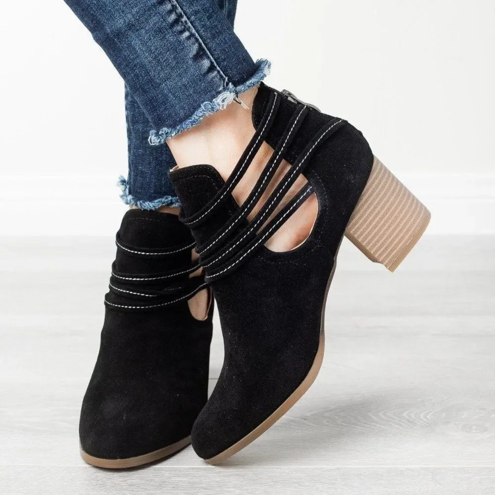 Festival Western Strappy Wraparound Cut-out Booties Vegan Suede Coastal Cowgirl - Picture 1 of 3